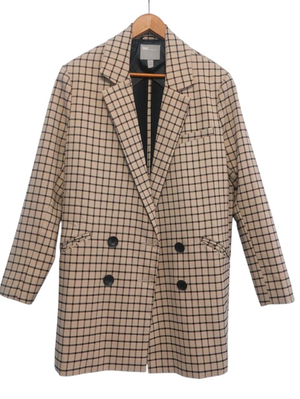 ASOS Oversized Blazer Neutral Tan Plaid Long Size 6 Double Breasted EUC Pockets